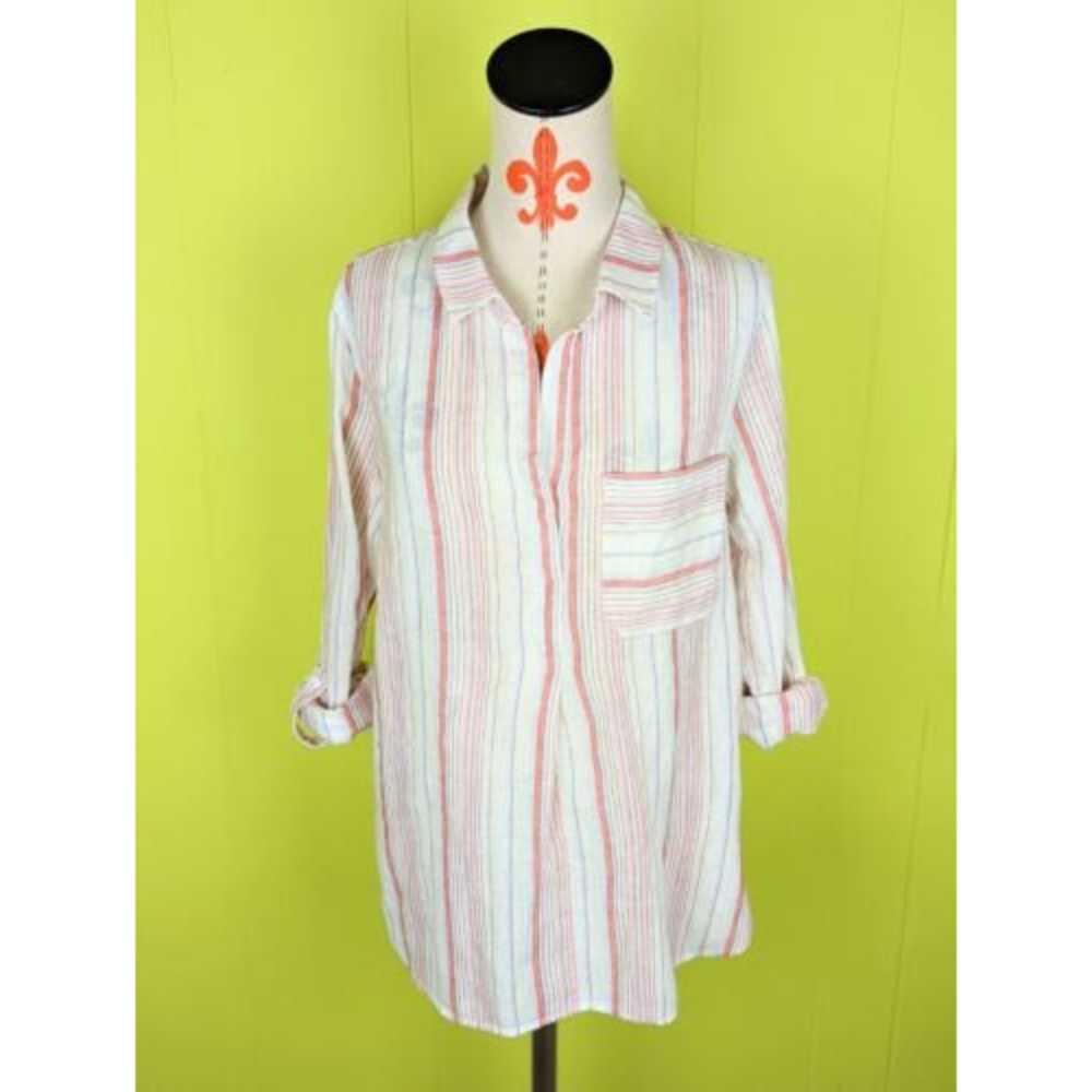 Anthropologie Sanctuary Striped Tunic Top Cotton Linen Blend Roll Tab Sleeve